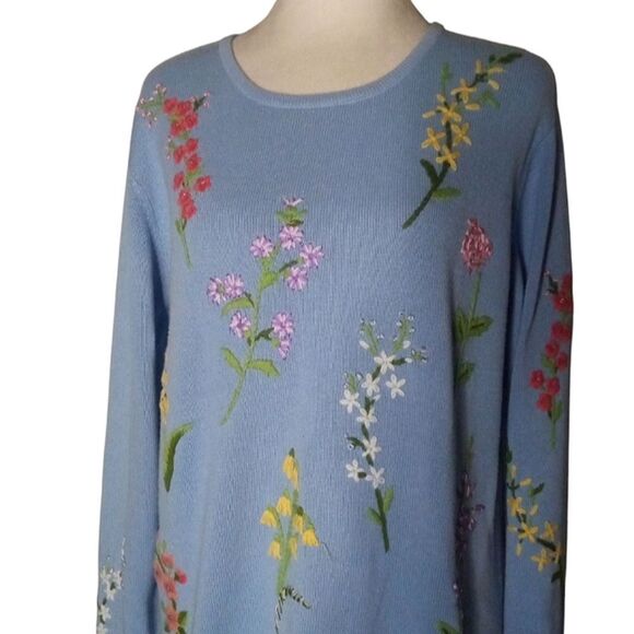 The Quacker Factory Blue All Over Floral Embroidered Cotton Blend Sweater Large - Picture 2 of 8